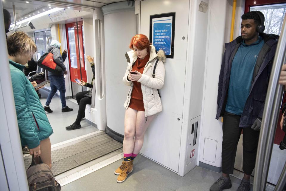 Some passengers wear no trousers during the No Pants Subway Ride in Amsterdam on Jan. 13. (Photo: Olaf Kraak/EPA-EFE/REX/Shutterstock)