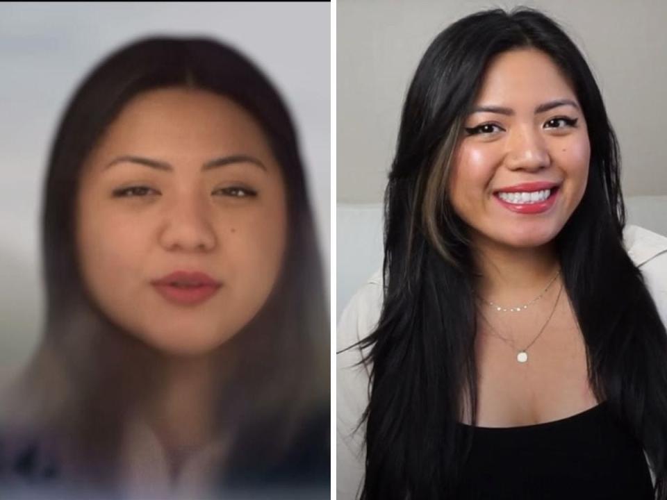 Jasmine Uniza's Apple Vision Pro persona (left) compared to a real image of her (right).