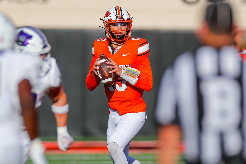 OSU quarterback Garret Rangel (13) went 10-for-15 passing for 118 yards with a touchdown and interception in a 27-13 win against Central Arkansas last Saturday in Stillwater.