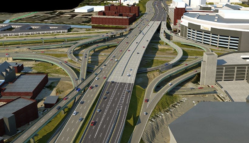This rendering shows the design of the final phase of the I-95 North reconstruction project, where traffic headed to Route 146 will be split off from through traffic onto a collector distributor road at bottom center-right, much farther south than the current 146 exit.