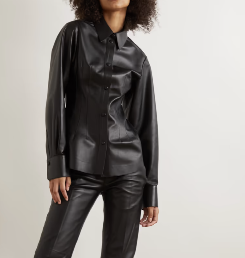 A model wears a Chloé leather shirt.