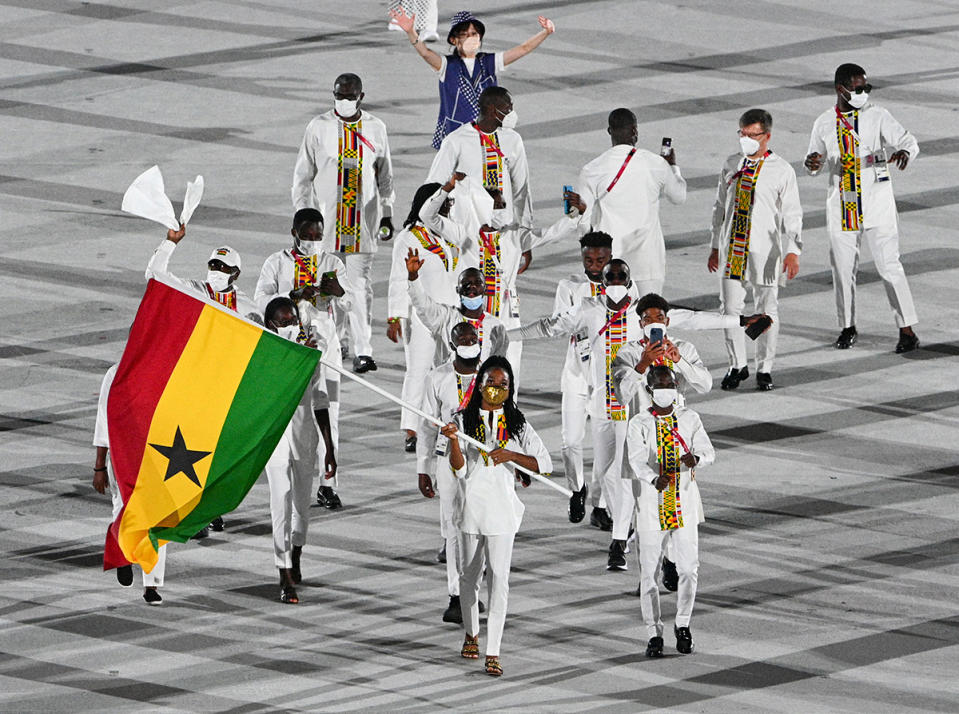 <p>Ghana wore white outfits with intricate patterns in the color of their national flag. </p>