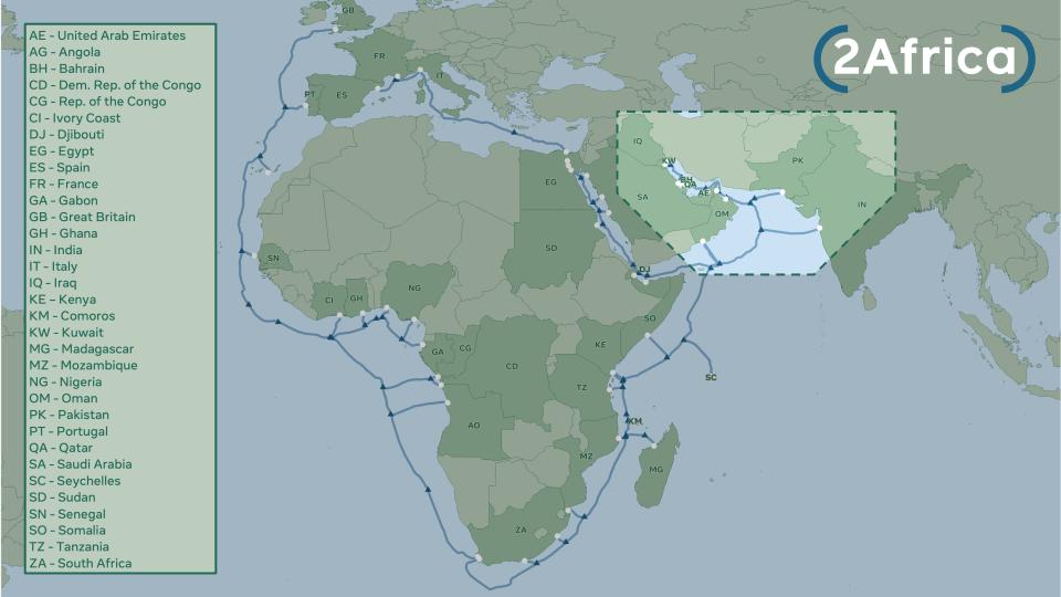 A map of the new extension to the 2Africa cable.