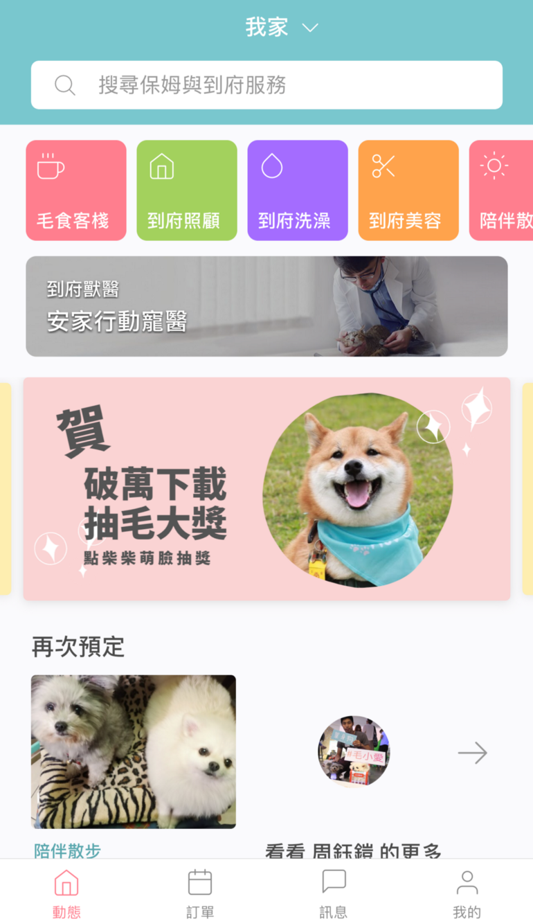 毛小愛整體介面設計的非常簡潔、明瞭，進入App首頁最開始映入眼簾的是服務類別，包含寵物客棧（到家住一晚）、居家照顧、寵物洗澡、寵物美容等等。   圖：創夢市集／提供
