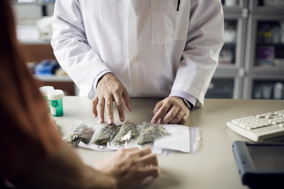 A person in a lab coat with bags of marijuana