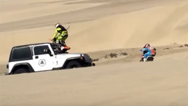 The side-on angle shows the contact between bike and car. Pic: YouTube/desert bikes