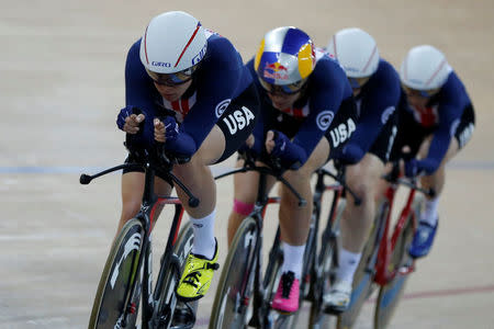 Cycling - UCI Track World Championships - Women's Team Pursuit, Final - Hong Kong, China – 13/4/17 - The U.S. team in action. REUTERS/Bobby Yip