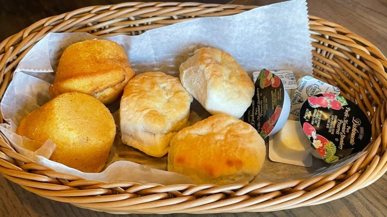 Basket of biscuits with butter and jam at Cracker Barrel