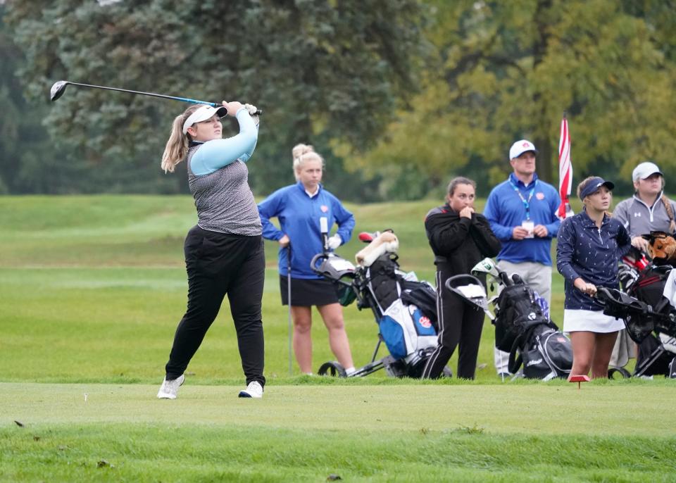 Onsted's Annika Berg tees off at the Hills of Lenawee during the Division 4 regional meet on Monday.