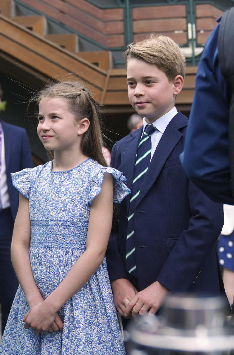 Prince George and Princess Charlotte arrive on day fourteen of the2023 Wimbledon Championships at the All England Lawn Tennis and Croquet Club in Wimbledon, Sunday July 16, 2023. (Victoria Jones/Pool photo via AP)