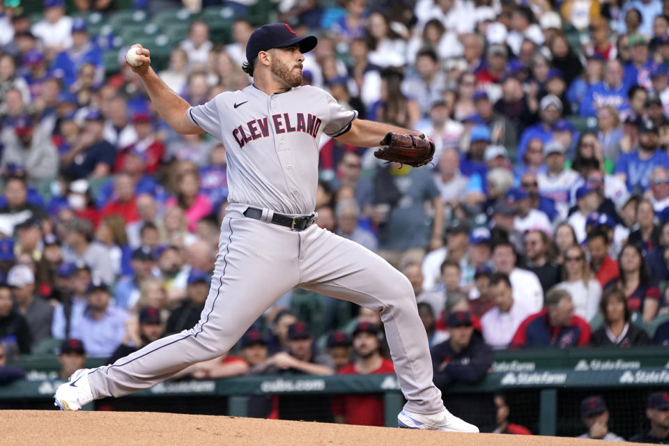 Cleveland Indians starting pitcher Aaron Civale delivers during the first inning of a baseball game against the Chicago Cubs, Monday, June 21, 2021, in Chicago. (AP Photo/Charles Rex Arbogast)