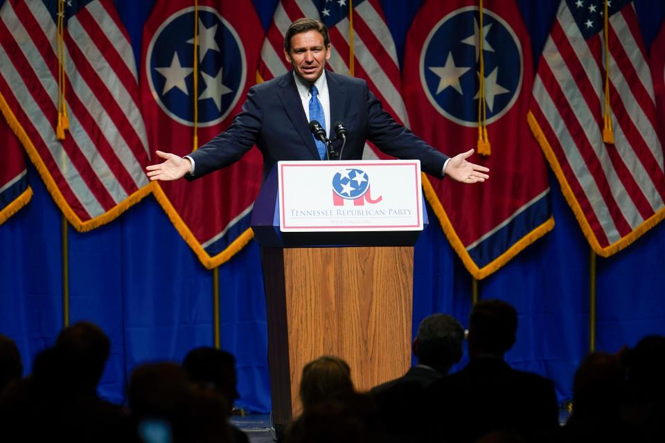 Republican presidential candidate Florida Gov. Ron DeSantis speaks July 15 during the Tennessee Republican Party Statesmen's Dinner in Nashville, Tenn.