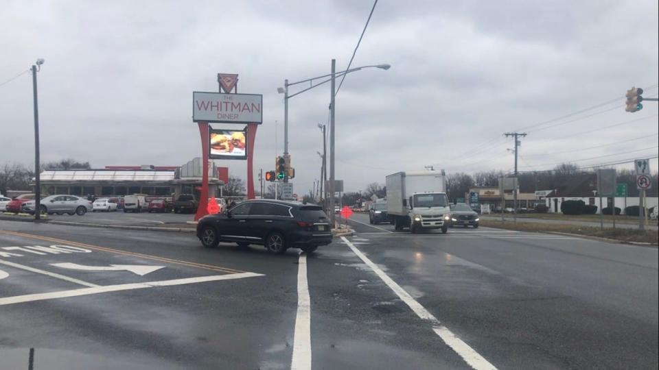 A N.J. Department of Transportation project to start this spring will address Black Horse Pike conditions, including this difficult to use Johnson Road intersection at the Whitman Diner. A left-hand turning lane is expected to be lengthened. PHOTO: Feb. 2, 2024.
