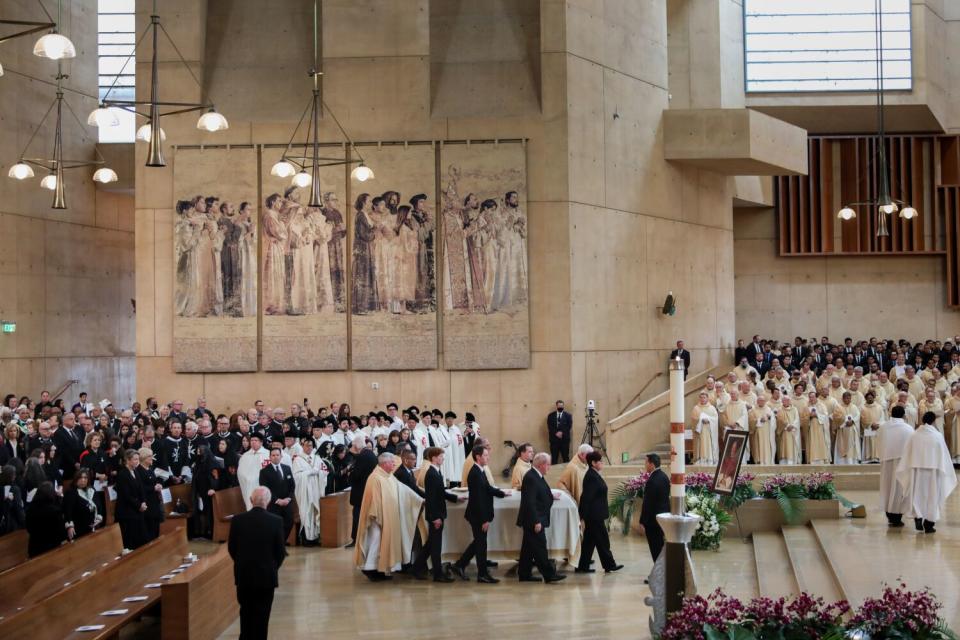 The bishop's casket arrives at Cathedral of Our Lady of the Angels