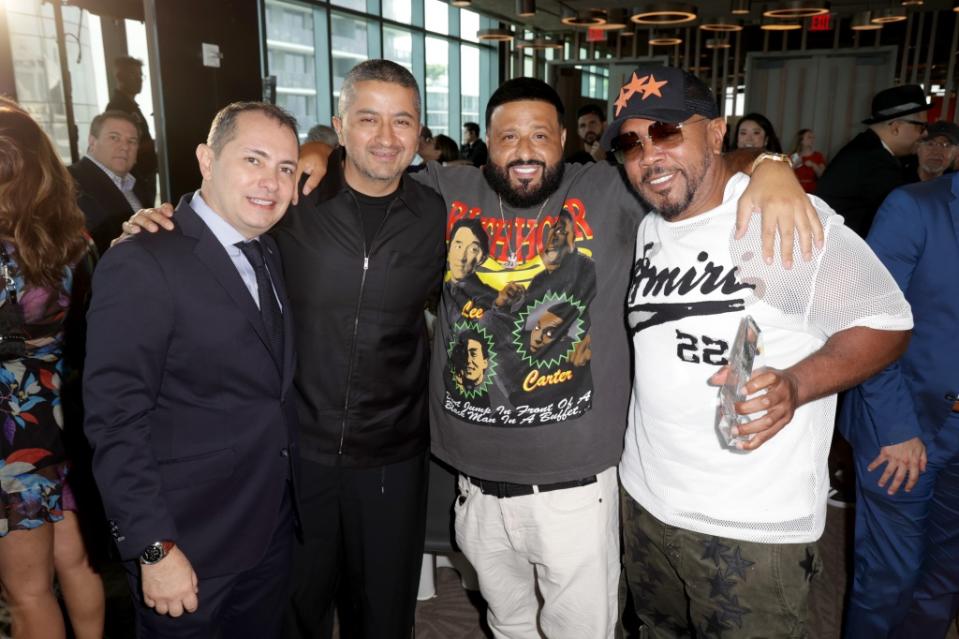 MIAMI, FLORIDA - APRIL 13: Rodrigo Nieto, Fabio Acosta, DJ Khaled and Timbaland are seen during Variety's Miami Entertainment Town Brunch Presented By CN Bank on April 13, 2023 in Miami, Florida. (Photo by John Parra/Variety via Getty Images)