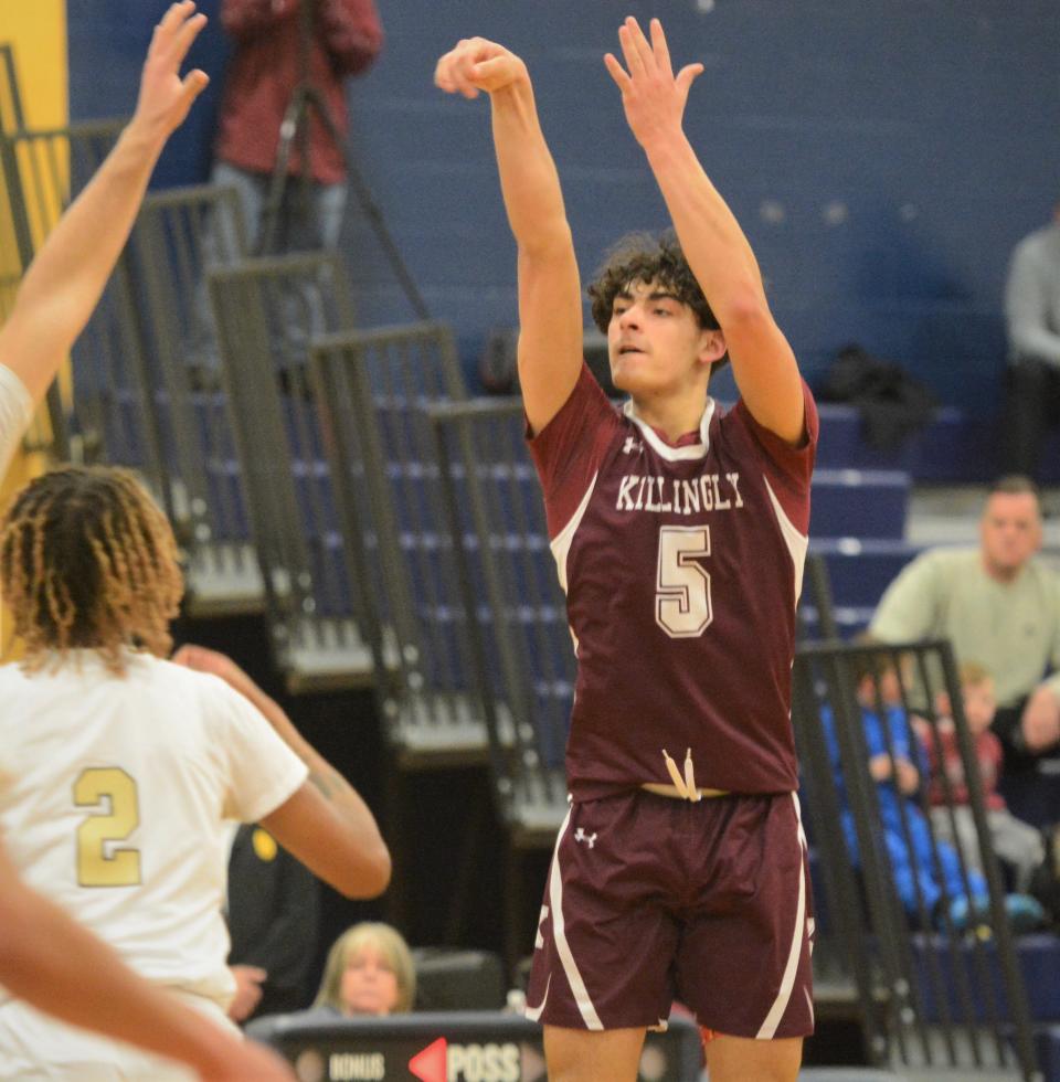 Killingly sophomore Johnny Kazantzis fires up a shot against WCA during the Division III quarterfinals at Kennedy High School in Waterbury.