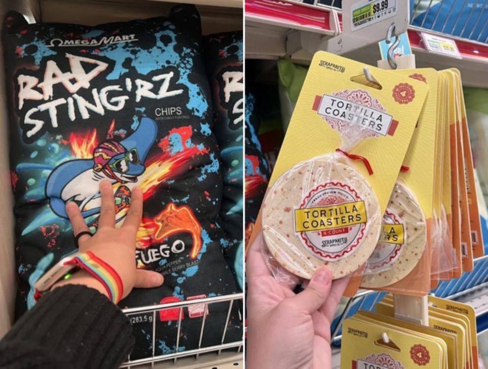 The "rad sting'rz" chip bag pillow and the beige tortilla coasters in its packaging.