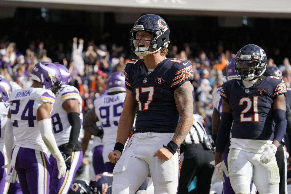 Chicago Bears quarterback Tyson Bagent (17) reacts after his 1-yard rush up the middle for a touchdown during the second half of an NFL football game against the Minnesota Vikings, Sunday, Oct. 15, 2023, in Chicago. (AP Photo/Nam Y. Huh)