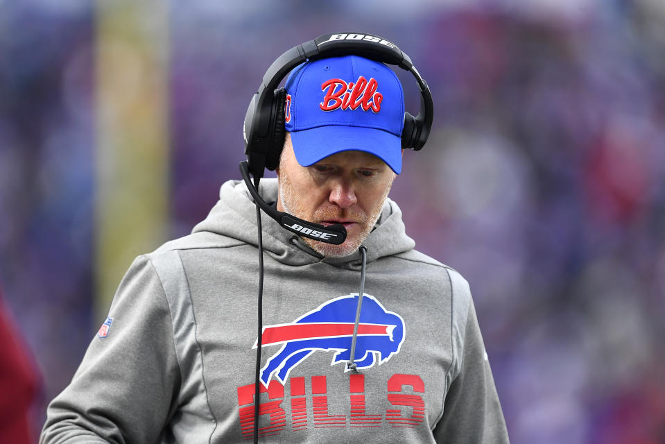 Buffalo Bills head coach Sean McDermott walks the sideline during the second half of an NFL football game against the Baltimore Ravens in Orchard Park, N.Y., Sunday, Dec. 8, 2019. (AP Photo/Adrian Kraus)