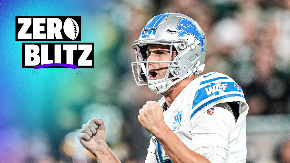 GREEN BAY, WISCONSIN - SEPTEMBER 28: Jared Goff #16 of the Detroit Lions celebrates against the Green Bay Packers during the fourth quarter in the game at Lambeau Field on September 28, 2023 in Green Bay, Wisconsin. (Photo by Patrick McDermott/Getty Images)