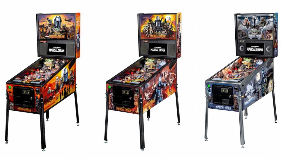 Three different The Mandalorian pinball machines all seen at the same angle
