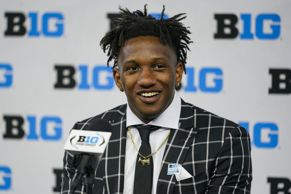 Indiana quarterback Michael Penix Jr. talks to reporters during an NCAA college football news conference at the Big Ten Conference media days, at Lucas Oil Stadium in Indianapolis, Friday, July 23, 2021. (AP Photo/Michael Conroy)