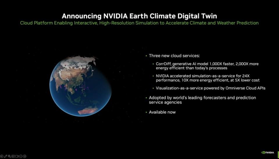 ▲NVIDIA透過雲端平台服務結合Omniverse Cloud API資源，建構模擬更多細節、即時呈現的「地球」