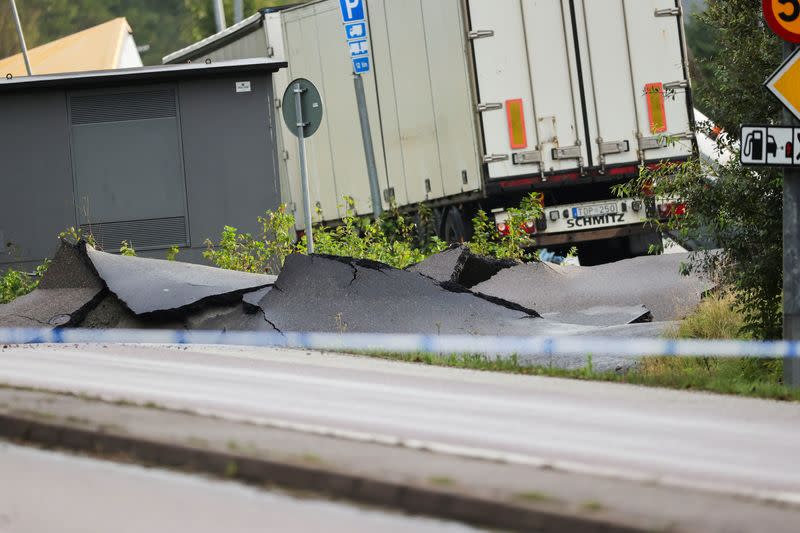 A view of a partially collapsed motorway following a landslide, near Stenungsund
