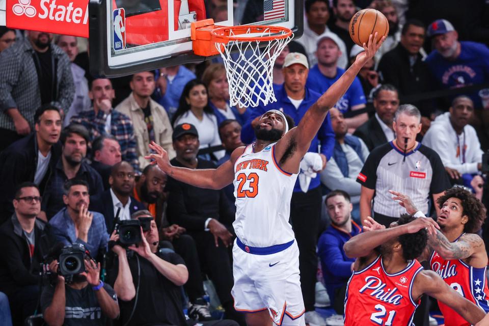 Apr 20, 2024; New York, New York, USA; New York Knicks center Mitchell Robinson (23) goes up for a rebound in the fourth quarter against the Philadelphia 76ers in game one of the first round for the 2024 NBA playoffs at Madison Square Garden. Mandatory Credit: Wendell Cruz-USA TODAY Sports
