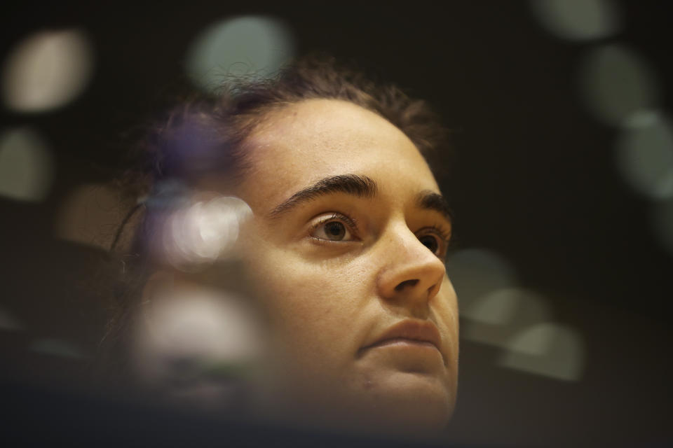 German boat captain Carola Rackete attends a Civil Liberties and Justice Committee at the European Parliament in Brussels, Thursday, Oct. 3, 2019. (AP Photo/Francisco Seco)