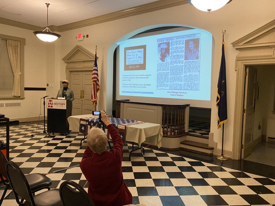 Samantha Dorm tells the story of York native Leon Gilbert Jr. to an ALLVETS audience at the York County History Center. Gilbert was initially sentenced to death for allegedly refusing an order in the Korean War. York County sent about 7,000 in uniform to serve in Korea, and at least 63 men died in service.