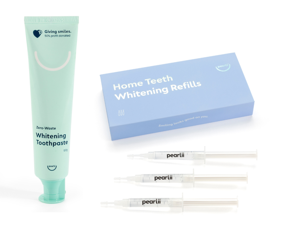 Pearlii's bestselling pale green toothpaste on the left with the pale blue box consiting of the gel whitening syringes with them revealed in the foreground against a white background.