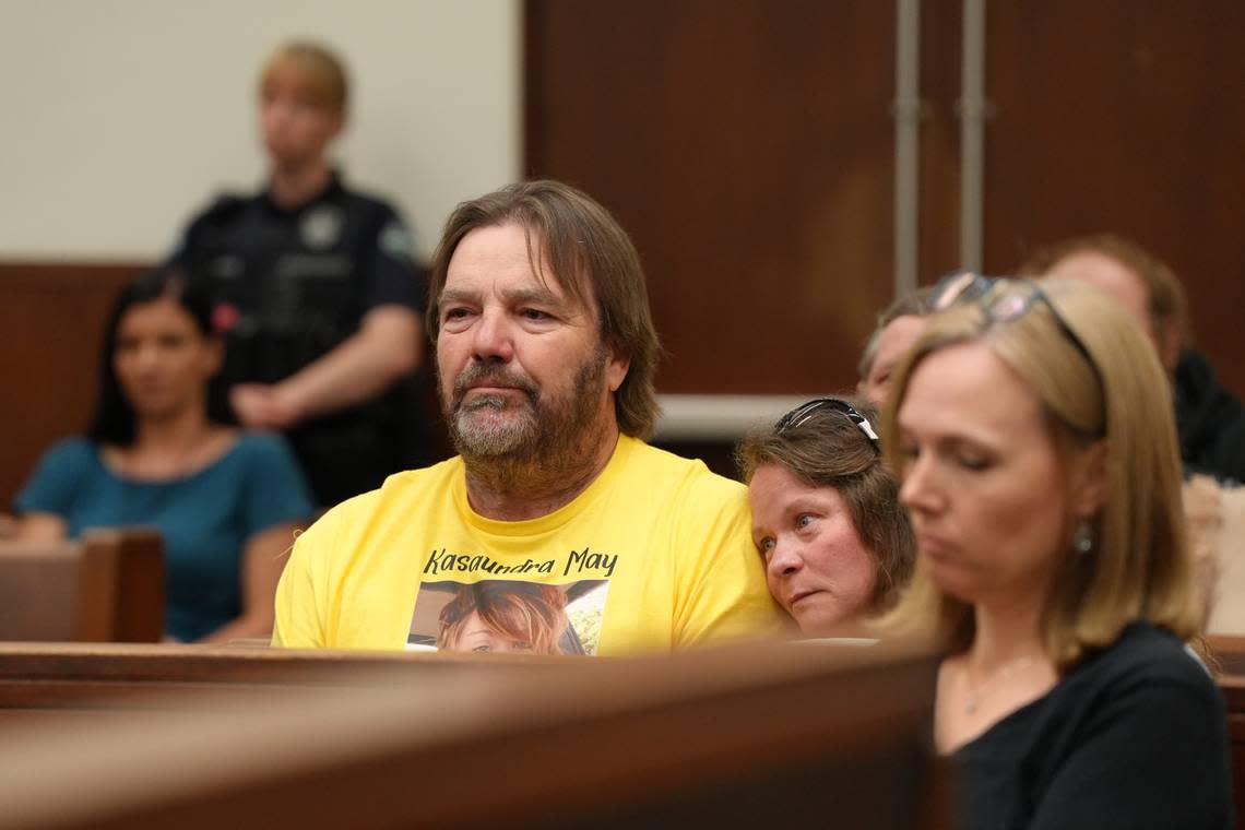 Vickie Turner and Chris Turner, the parents of Kasaundra “Kassy” May Booker, appear in Whatcom County Superior Court on July 1, 2024, at the sentencing hearing for Shilo Aron Englert, 35, who pleaded guilty to one count of second-degree manslaughter in the fatal shooting of Booker.