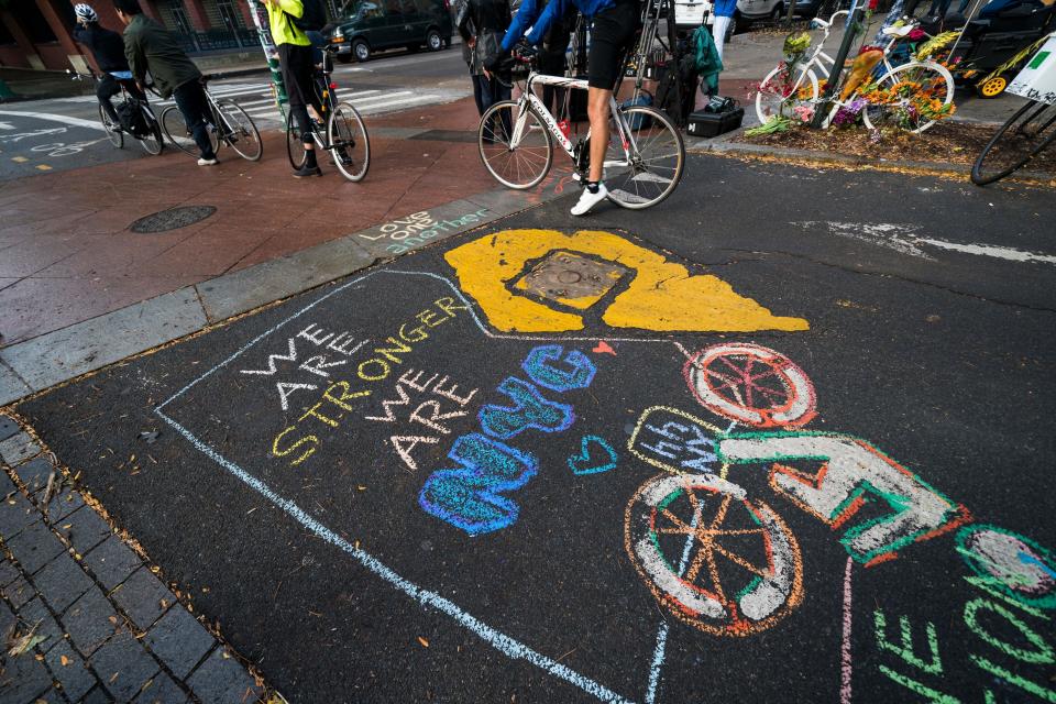 A chalked message on the bike path pays tribute to the victims of the Oct. 31 attack in lower Manhattan. (Photo: JEWEL SAMAD via Getty Images)