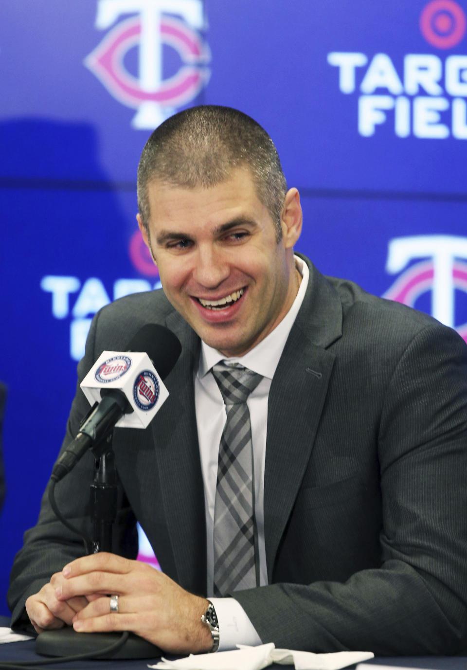 Minnesota Twins' Joe Mauer enjoys a laugh during his baseball retirement news conference Monday, Nov. 12, 2018, in Minneapolis, after playing 15 major league seasons, all with the Twins. (AP Photo/Jim Mone)