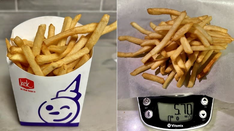 Jack in the Box fries in container next to fries on food scale