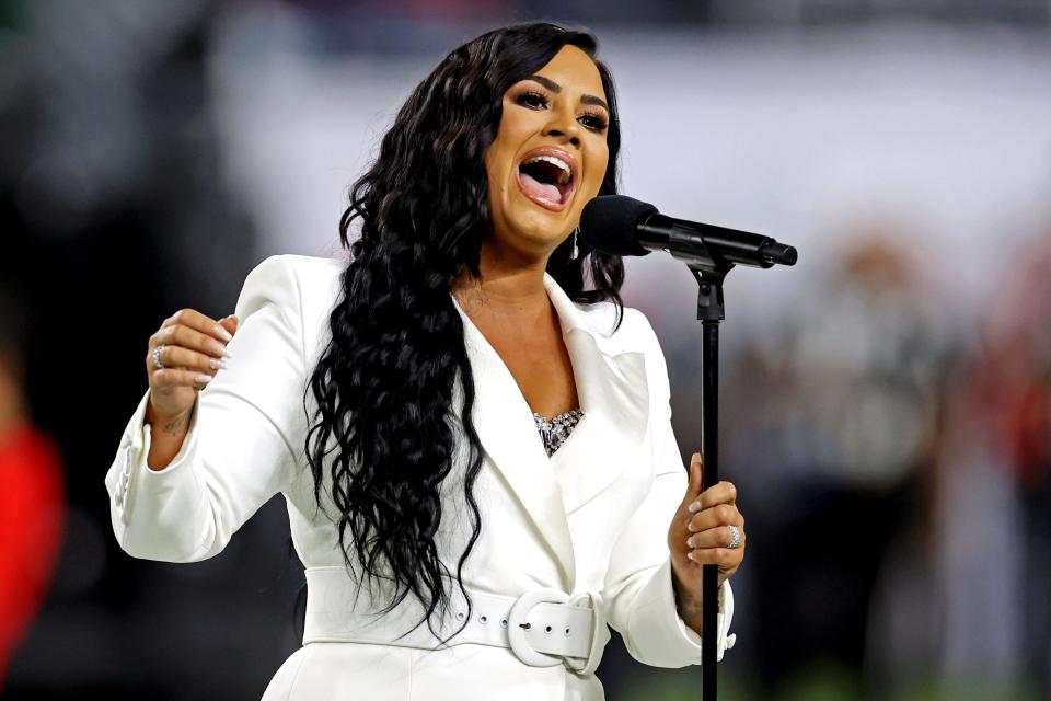 Demi Lovato performs the national anthem before the 2020 Super Bowl.