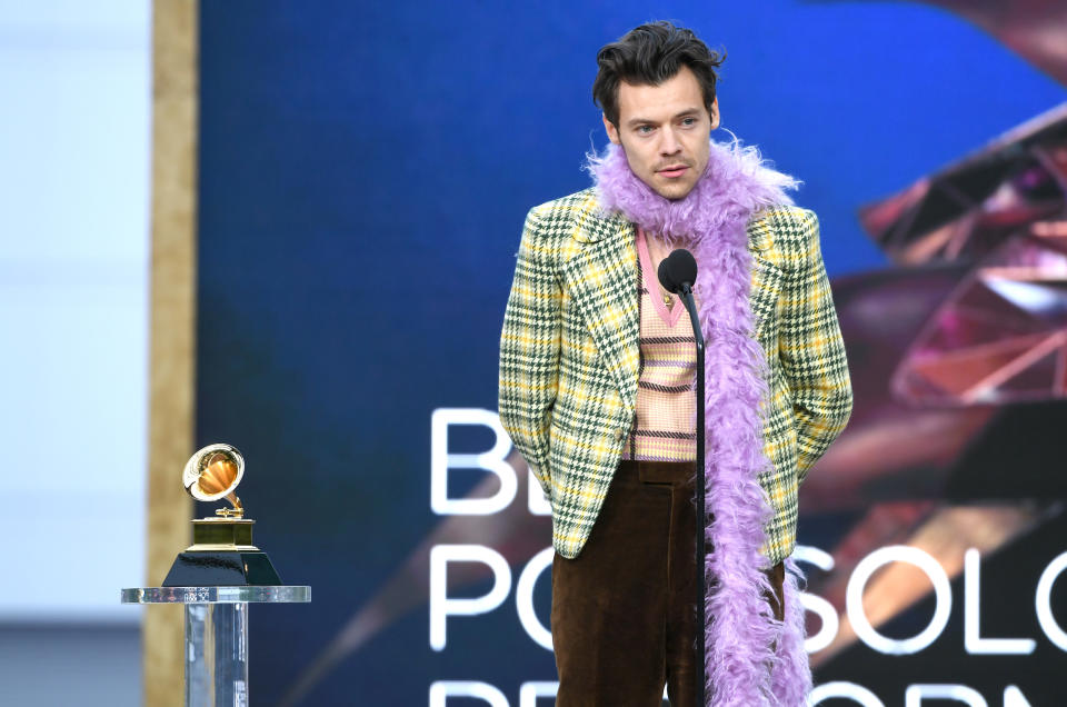 Harry Styles accepts the Best Pop Solo Performance award for 'Watermelon Sugar' onstage during the 63rd Annual GRAMMY Awards at Los Angeles Convention Center on March 14, 2021 in Los Angeles, California. (Photo by Kevin Winter/Getty Images for The Recording Academy)