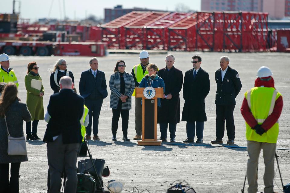 Massachusetts Governor Maura T. Healey speaks during a visit to the New Bedford Marine Commerce Terminal to highlight climate-related investments in their FY24 proposal.
