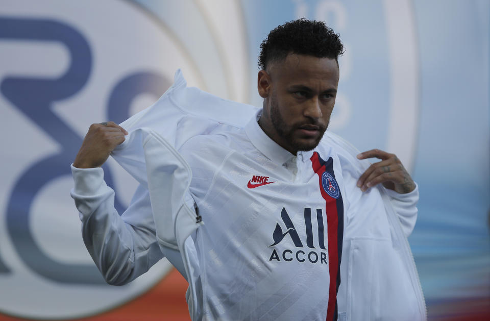 PSG's Neymar ahead of the French League One soccer match between Paris Saint Germain and Strasbourg at the Parc des Princes Stadium in Paris, France, Saturday Sept.14, 2019. (AP Photo/Francois Mori)