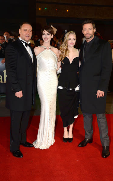 <b>Russell Crowe, Anne Hathaway, Amanda Seyfried and Hugh Jackman at the Les Miserables world premiere in London, Dec 2012 </b><br><br>The stars were out in force for the <a href="http://uk.lifestyle.yahoo.com/les-miserables-premiere--amanda-seyfried-and-anne-hathaway-work-the-monochrome-trend-on-the-red-carpet-184705477.html" data-ylk="slk:film's premiere in London;elm:context_link;itc:0;sec:content-canvas;outcm:mb_qualified_link;_E:mb_qualified_link;ct:story;" class="link  yahoo-link">film's premiere in London</a>.<br><br>© Rex