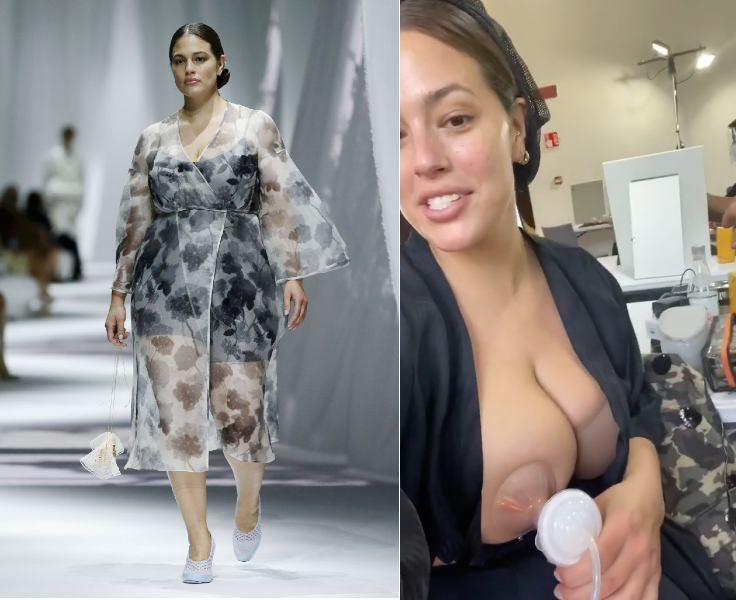 Ashley Graham went back to runway work for Fendi in Italy. Backstage she pumped while getting getting ready. (Photos: Getty Images; Instagram) 