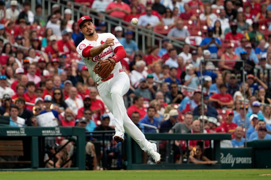 St. Louis Cardinals third baseman Nolan Arenado throws out Kansas City Royals’ Freddy Fermin during the third inning in the second game of a baseball doubleheader Wednesday, July 10, 2024, in St. Louis. (AP Photo/Jeff Roberson)