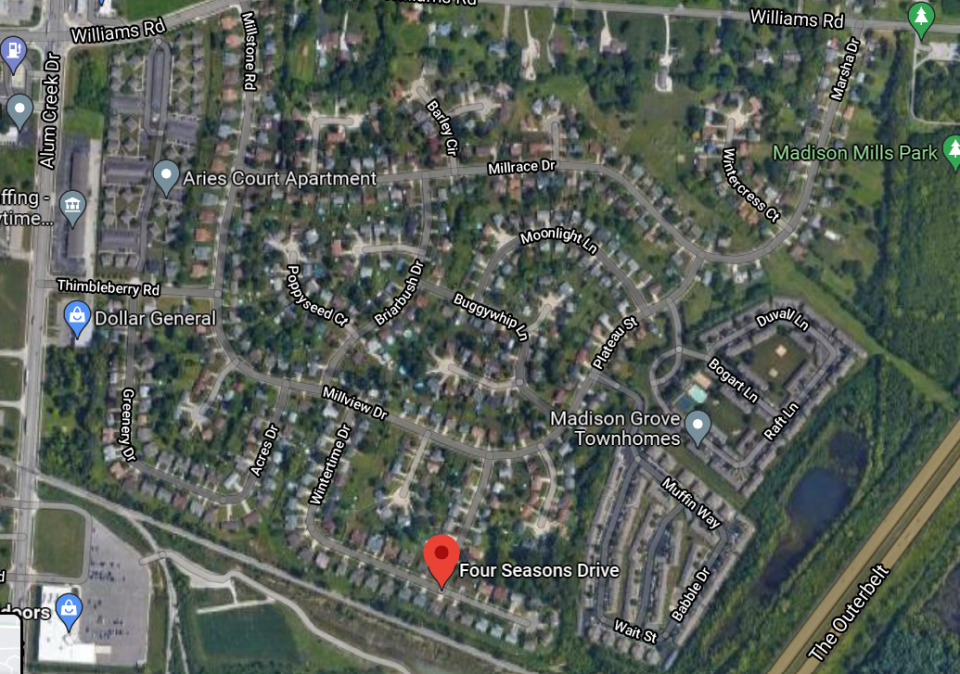 An unidentified man was killed and a U.S. Marshal was wounded in an exchange of gunfire Wednesday morning while a federal task force was serving an arrest warrant at a residence on Four Seasons Drive - marked in red here on the map - on Columbus' Southeast Side.