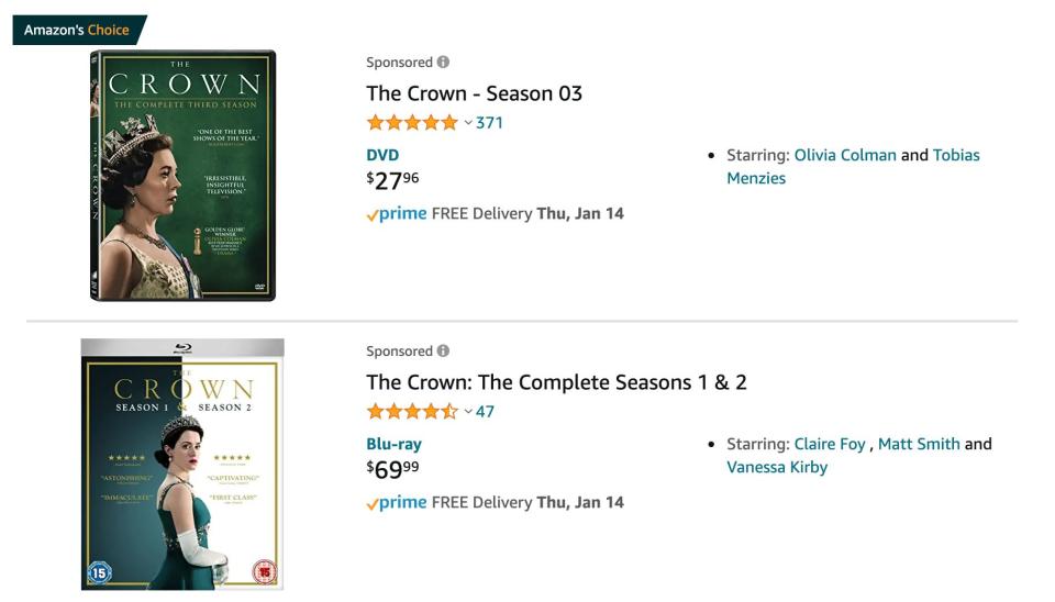 You can buy DVDs of Netflix's "The Crown" on Amazon. (Photo: Amazon.com)