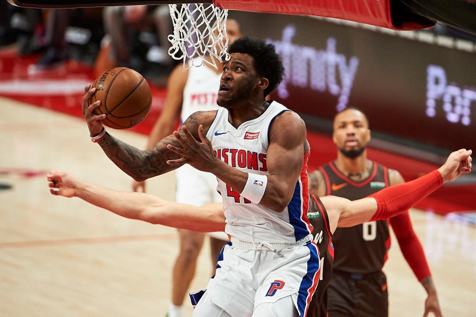 Detroit Pistons forward Saddiq Bey (41) scores a basket against the Portland Trail Blazers during the first half April 10, 2021 at Moda Center.