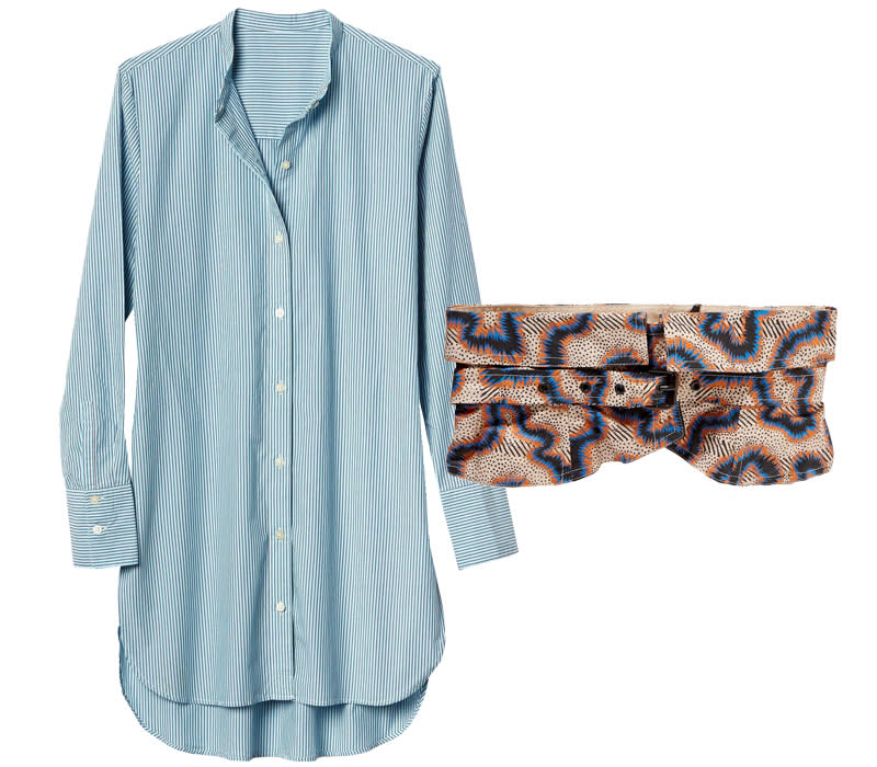 Try a printed belt with a light colored tunic. 