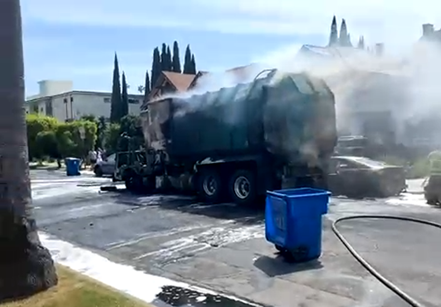 Cars charred after fire erupts in SoCal trash truck
