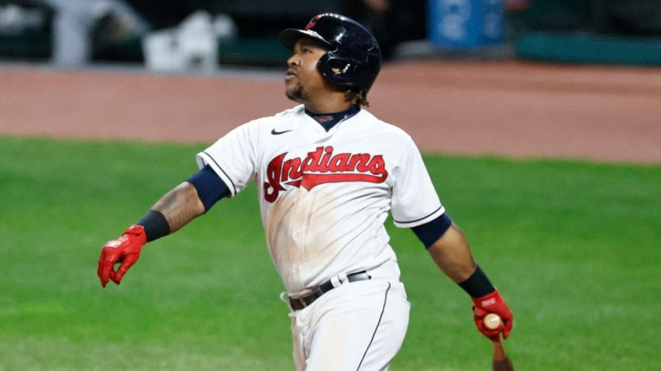 Jose Ramirez of the Cleveland Indians hits a two run double off Carlos Rodon of the Chicago White Sox back in September. The Cleveland team is dropping its moniker after years of protests from Native Americans. (Photo by Ron Schwane/Getty Images)