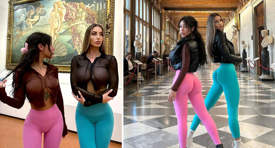 Two Instagram models pose in see through clothing inside a famous Italian art gallery